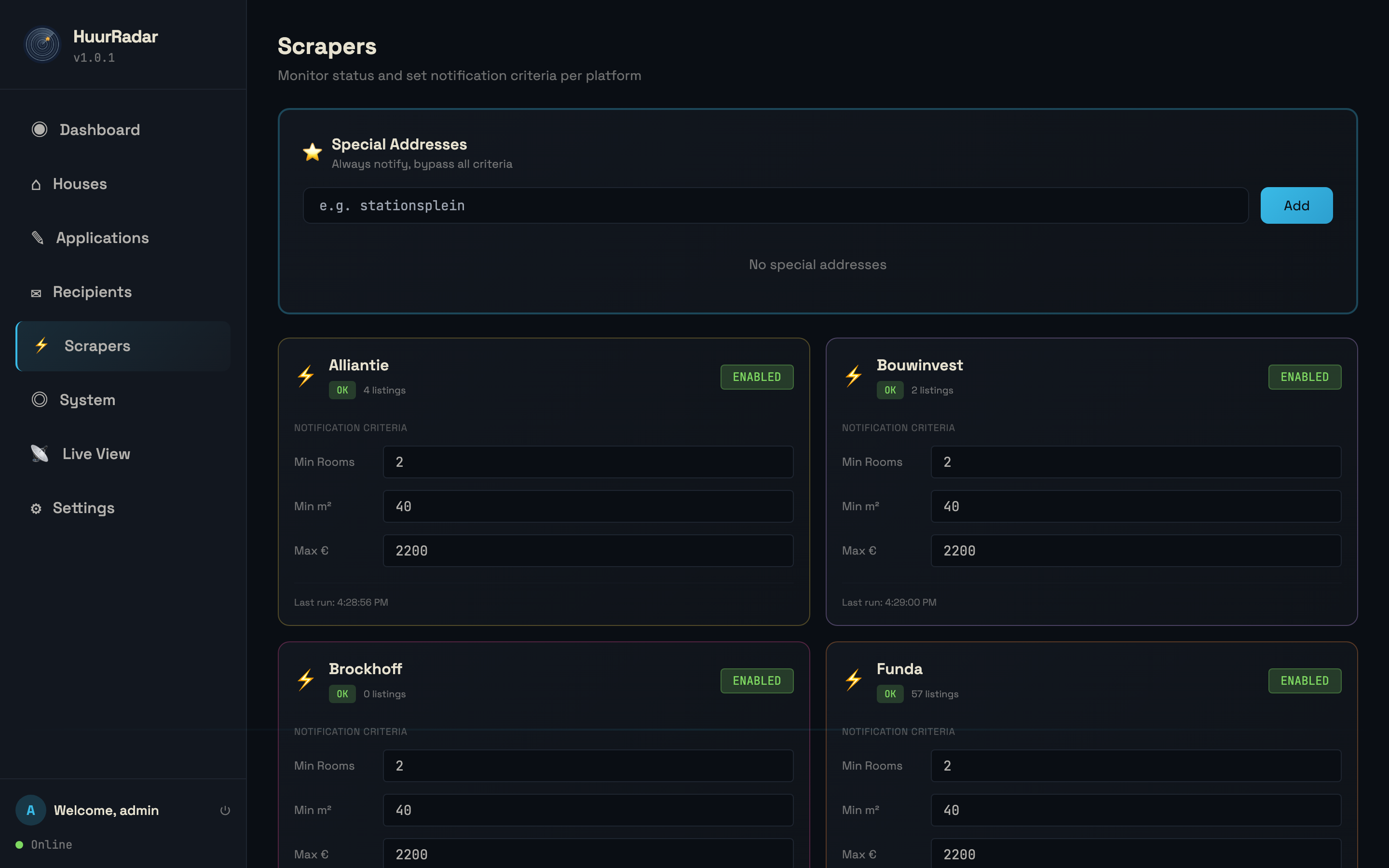Per-platform scraper settings