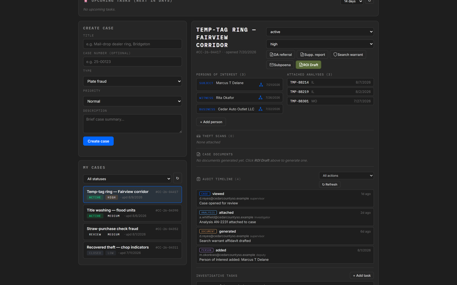 FraudTrax case management with audit timeline