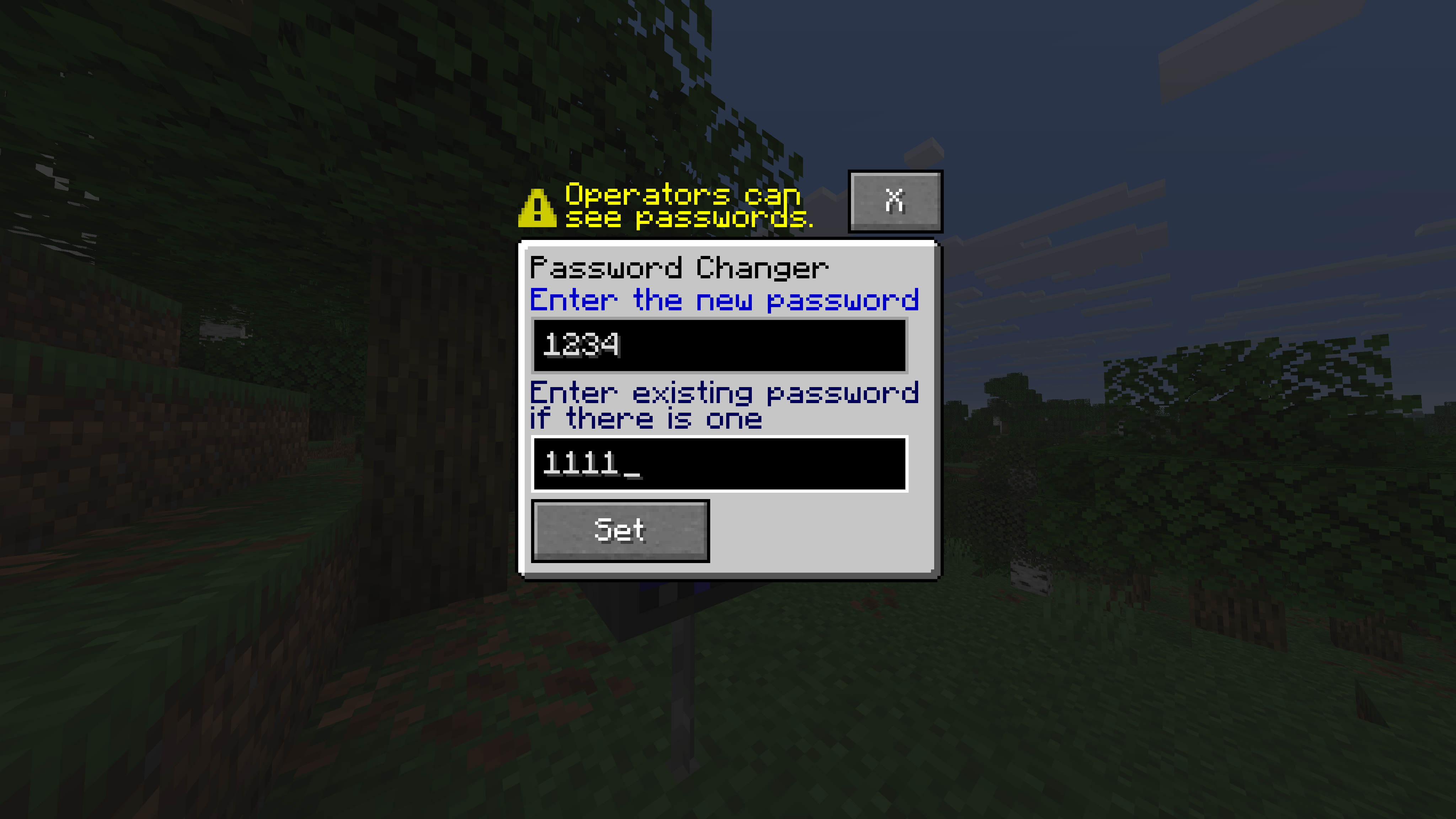 This shows the UI of the Password Changer being used to change a sample block's password.