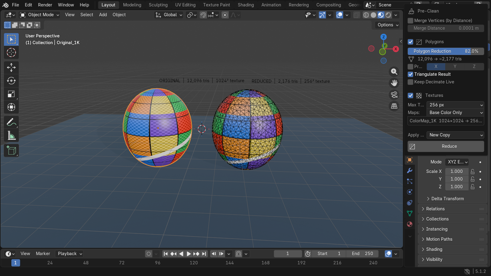 Blender 5.1 comparing a 12,096-triangle original with a 1024-square color map against a 2,176-triangle reduced copy with its own 256-square map; the same asymmetric color grid remains aligned while The Reducer panel shows both reductions