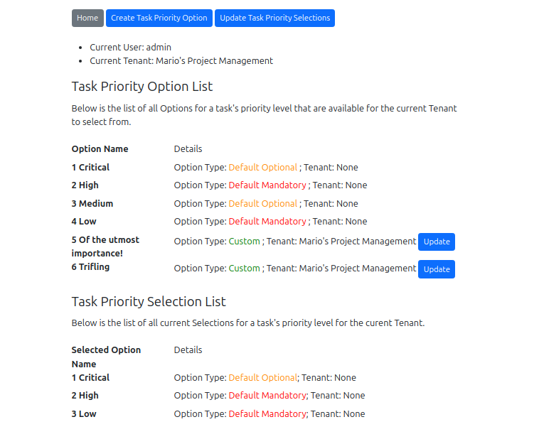 Screenshot of task priorities