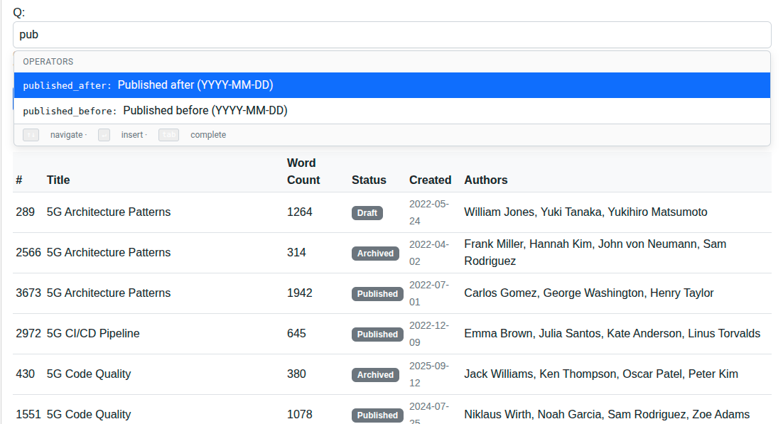 Screenshot: Advanced token search — date and range operators
