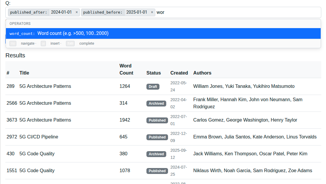 Screenshot: Advanced token search — word count