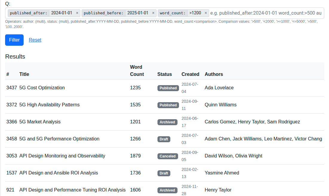 Screenshot: Advanced token search — filtered results