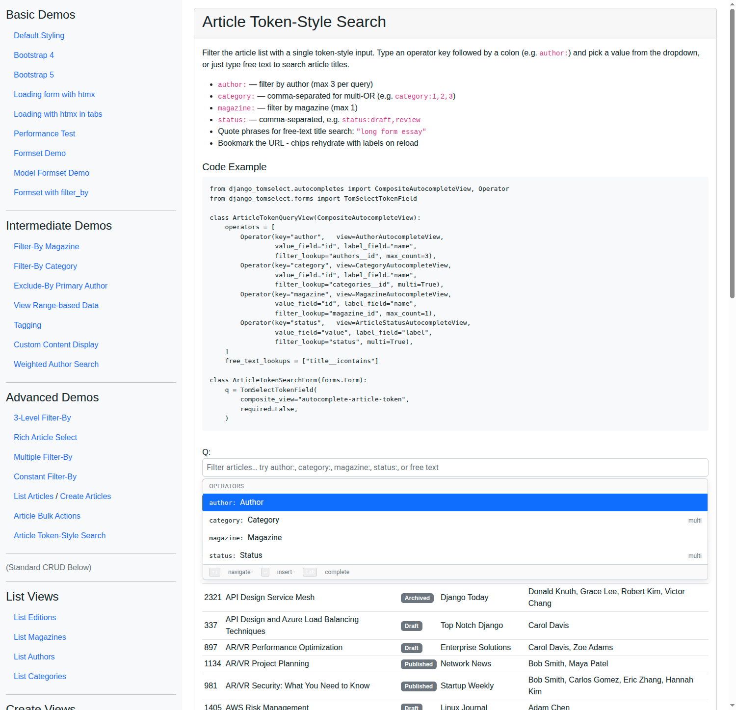 Screenshot: Article Token-Style Search - token options