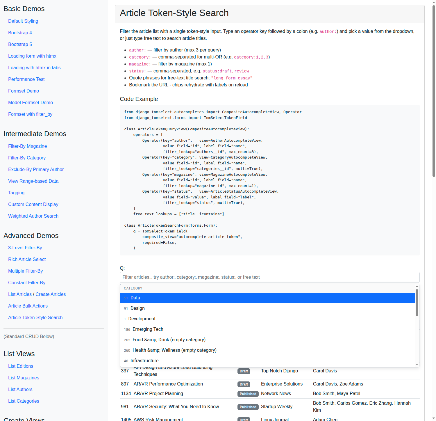 Screenshot: Article Token-Style Search - "Category:" options