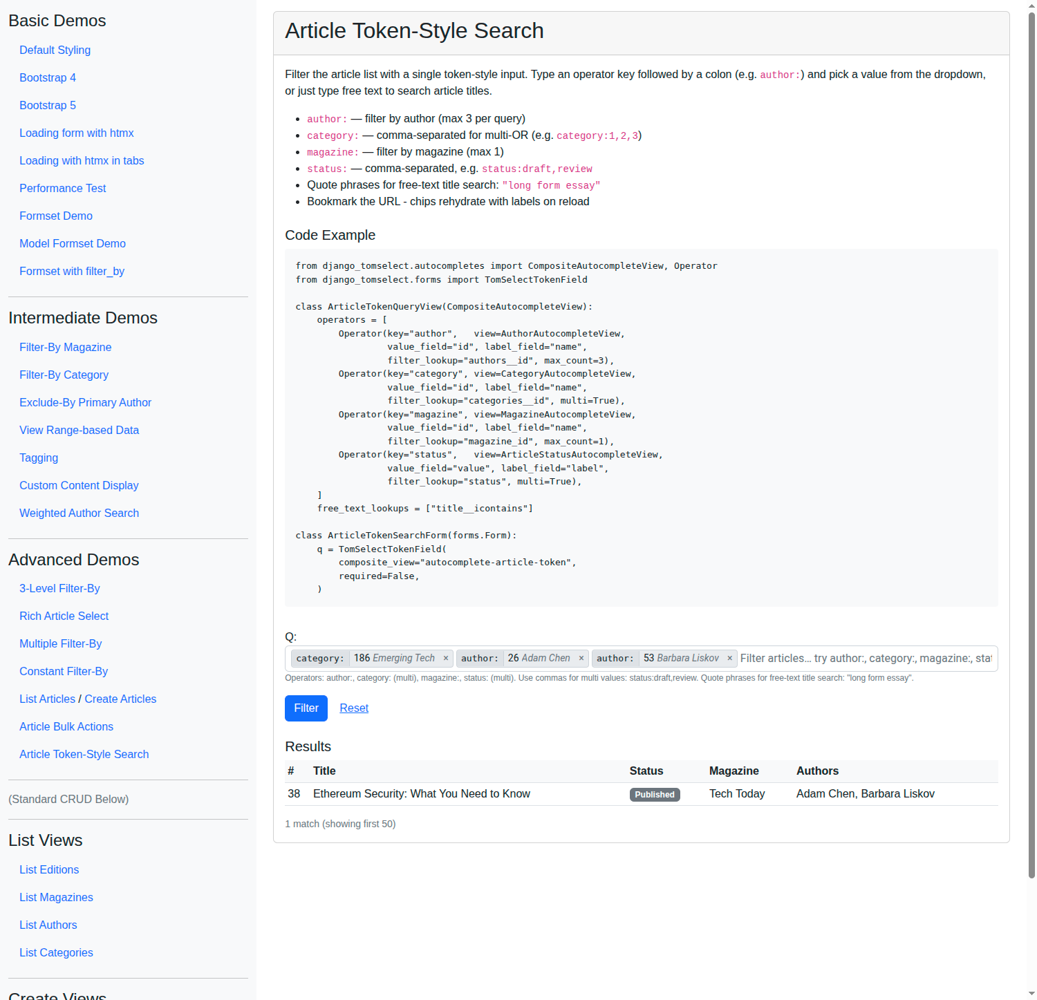 Screenshot: Article Token-Style Search - filtered by multiple tokens