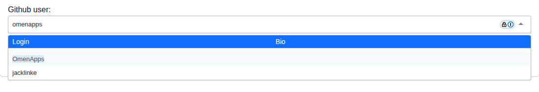 Screenshot: GitHub user picker — typing 'omenapps'
