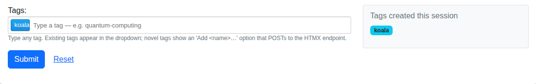 Screenshot: 'Tags created this session' sidebar updates via OOB swap