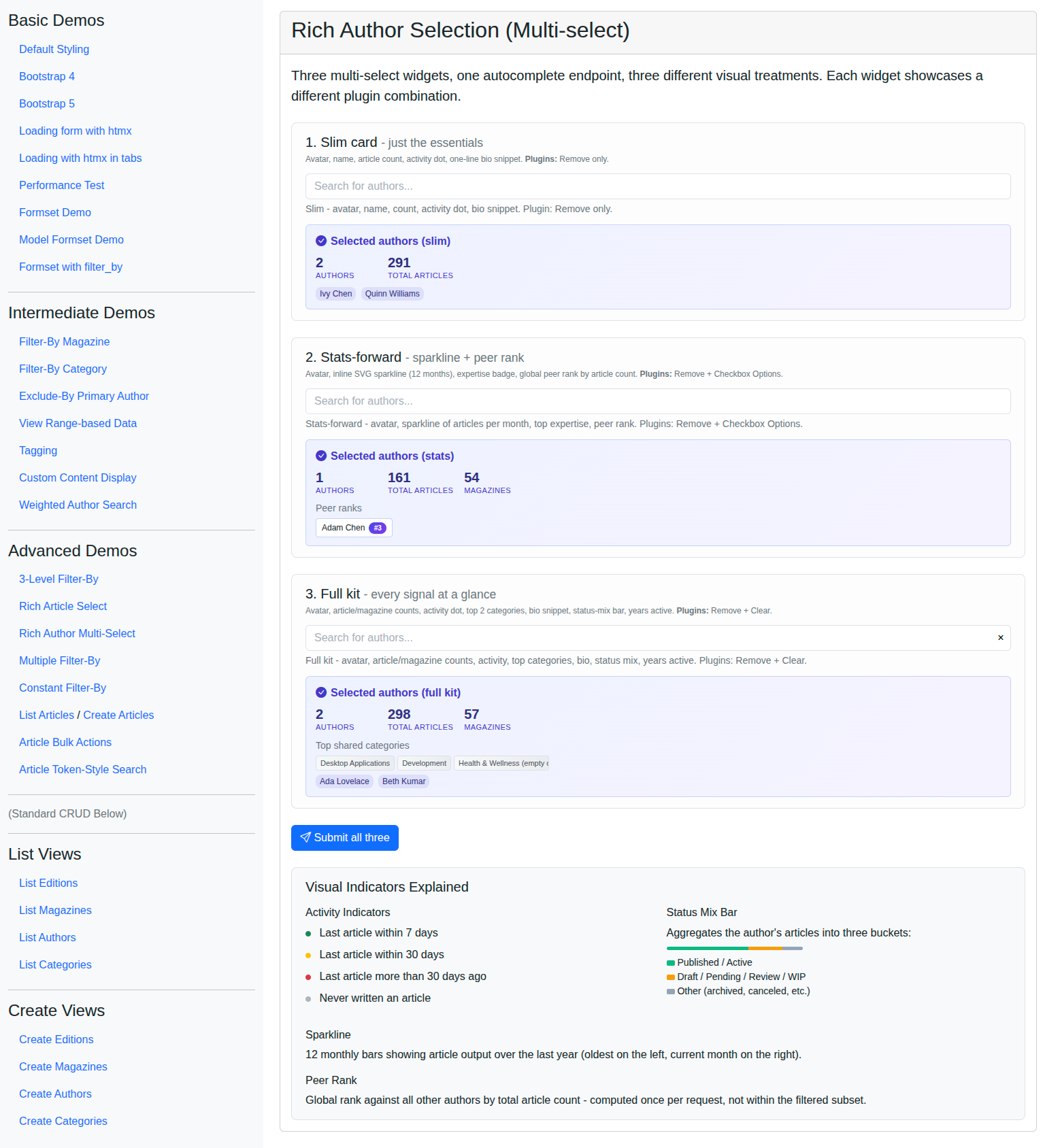 Screenshot: Rich Author Multi-Select - submitted summary cards