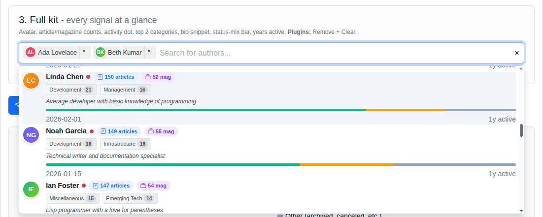 Screenshot: Rich Author Multi-Select - full kit, dropdown open