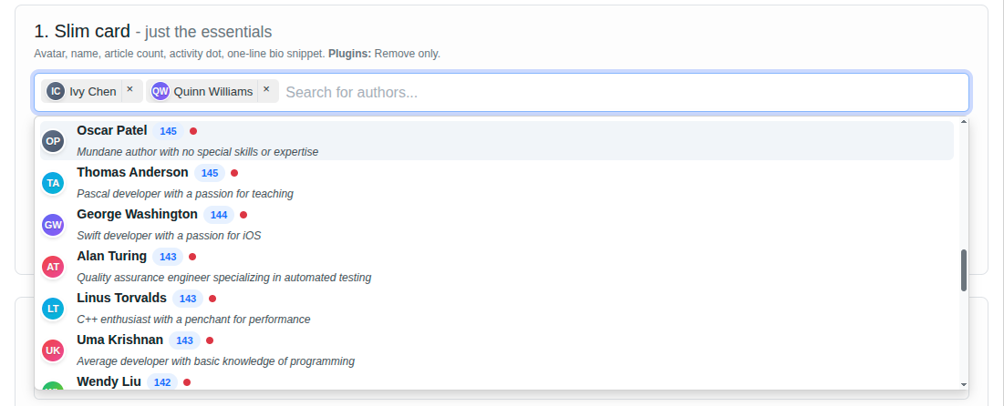 Screenshot: Rich Author Multi-Select - slim card, dropdown open
