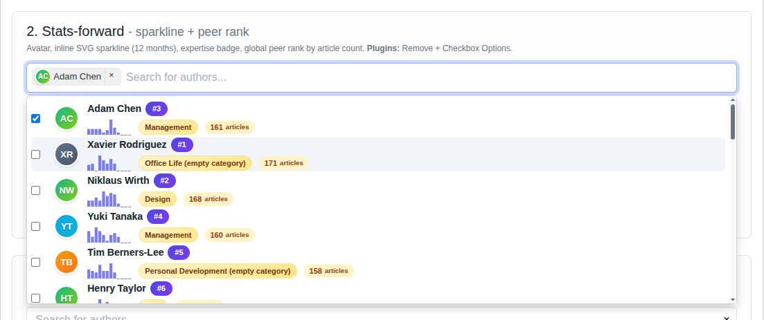 Screenshot: Rich Author Multi-Select - stats-forward, dropdown open
