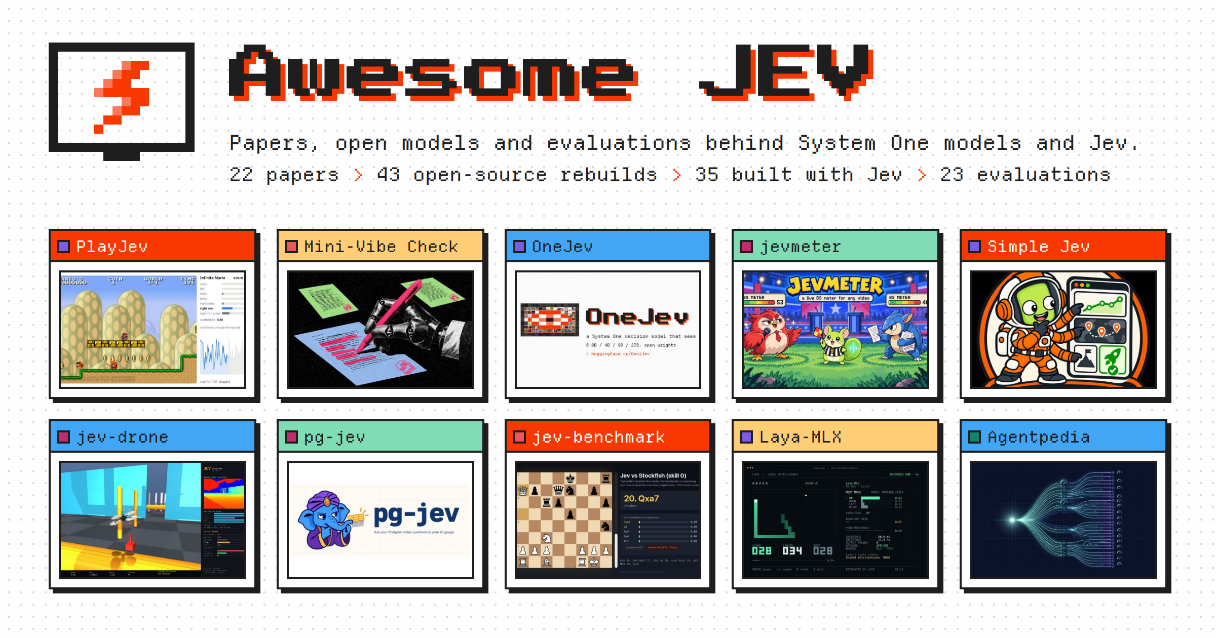 Awesome JEV in pixel style: the bolt logo, the title, and ten windows from the gallery such as PlayJev, OneJev, jevmeter and pg-jev