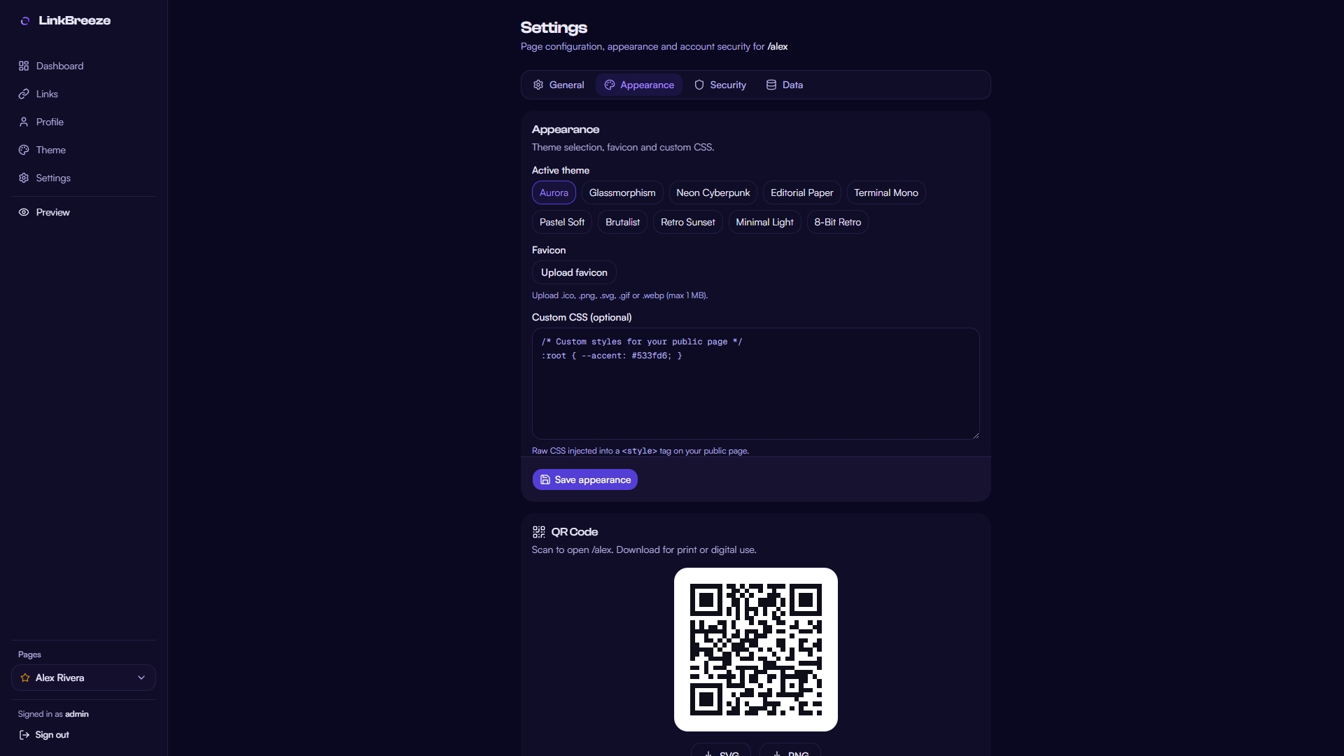 Settings Page [Appearance Tab]