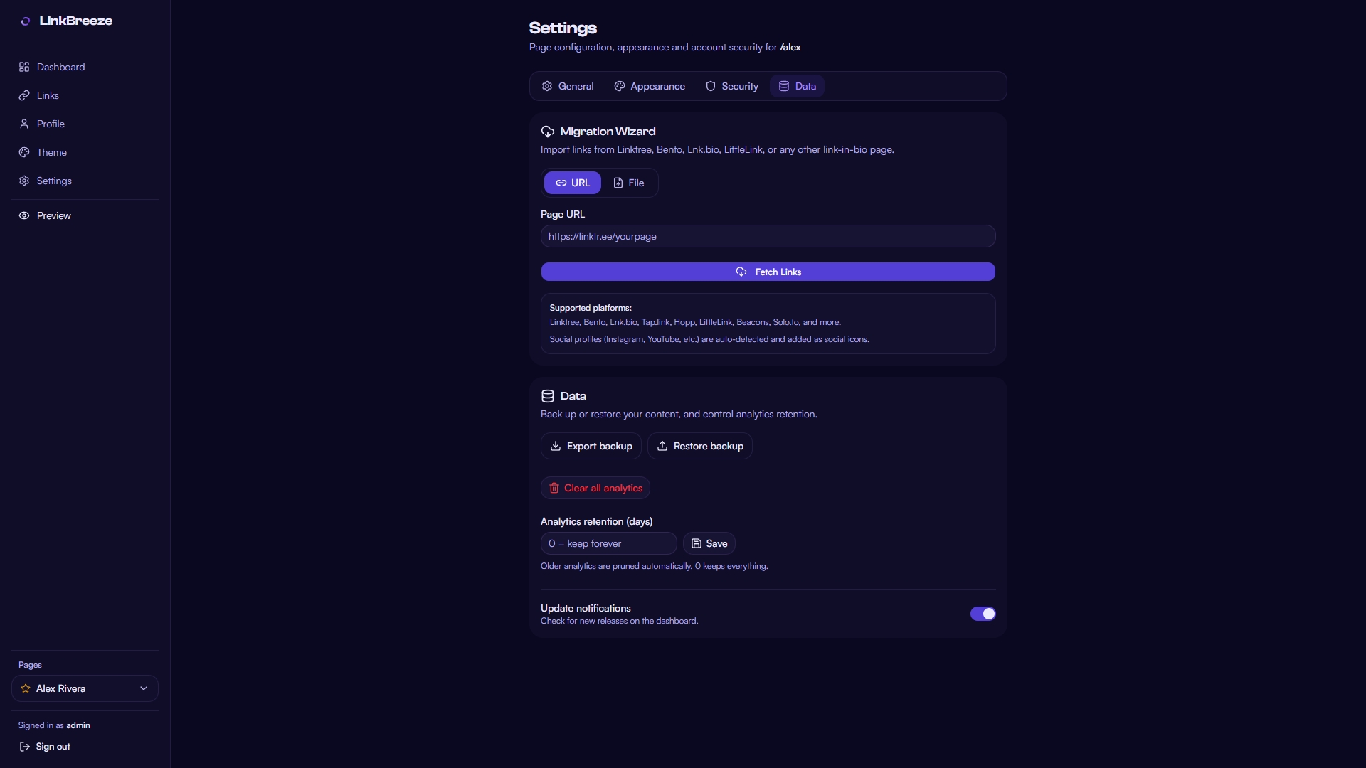 Settings Page [Data Tab]