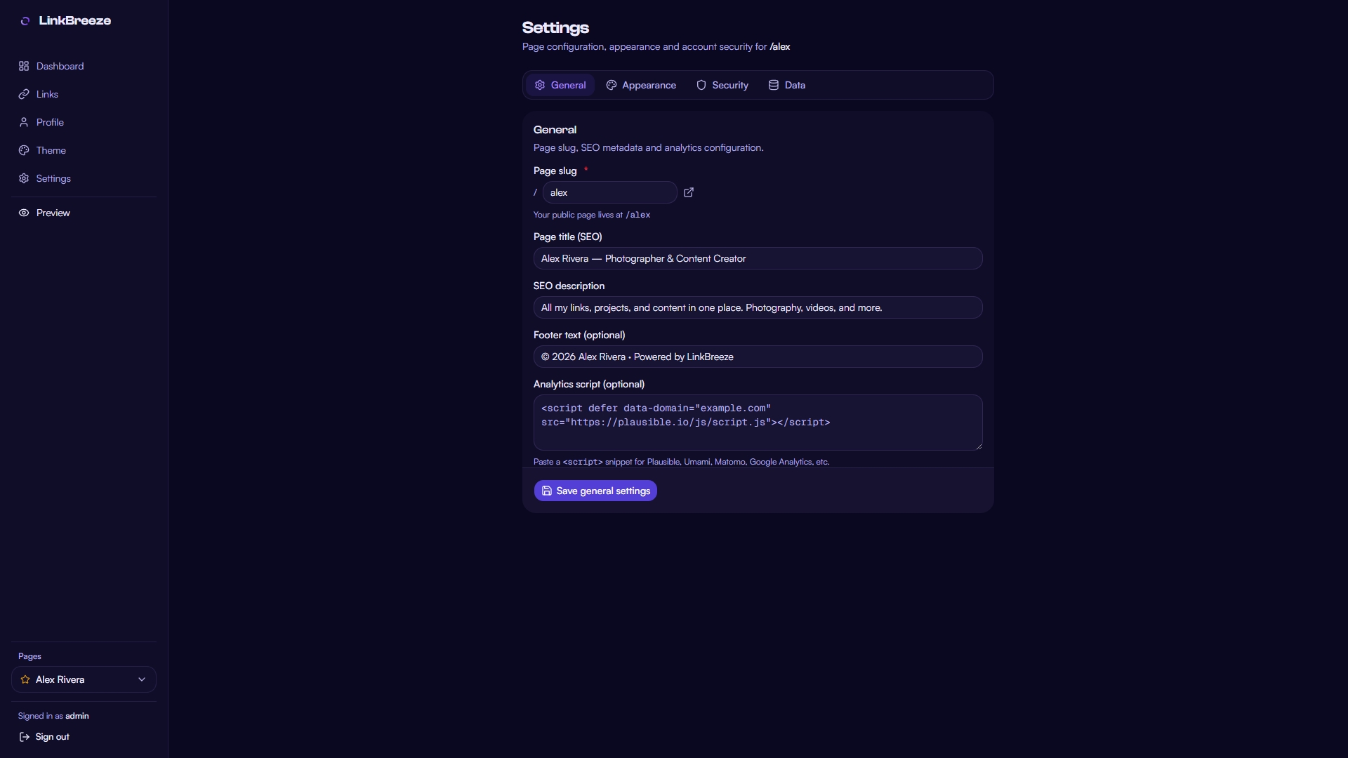 Settings Page [General Tab]