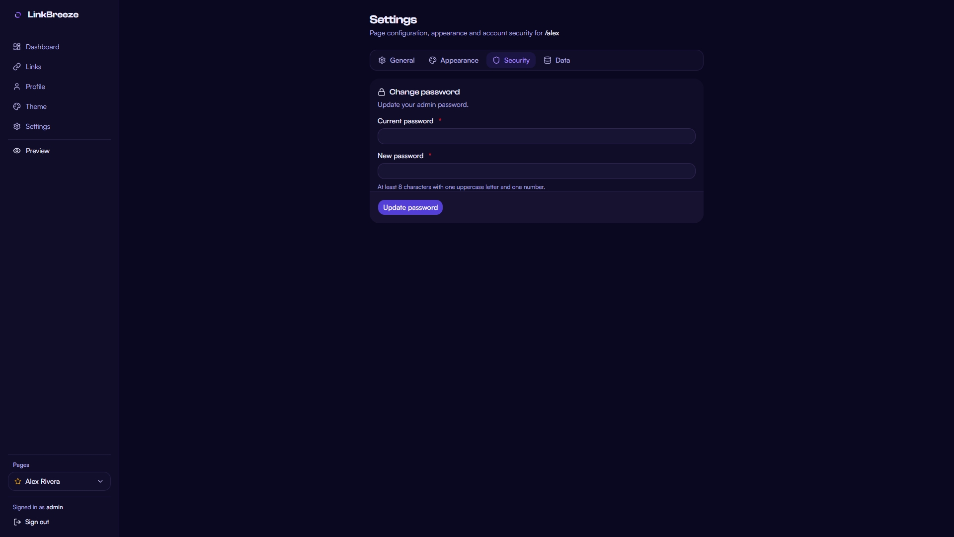 Settings Page [Security Tab]
