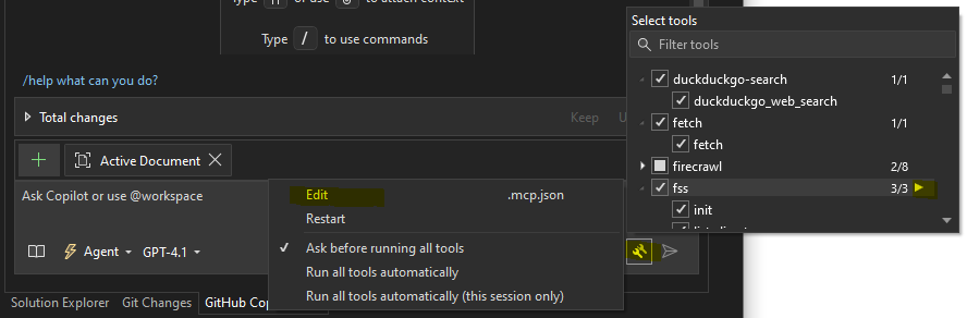 How to edit mcp.json using GitHub Copilot Chat