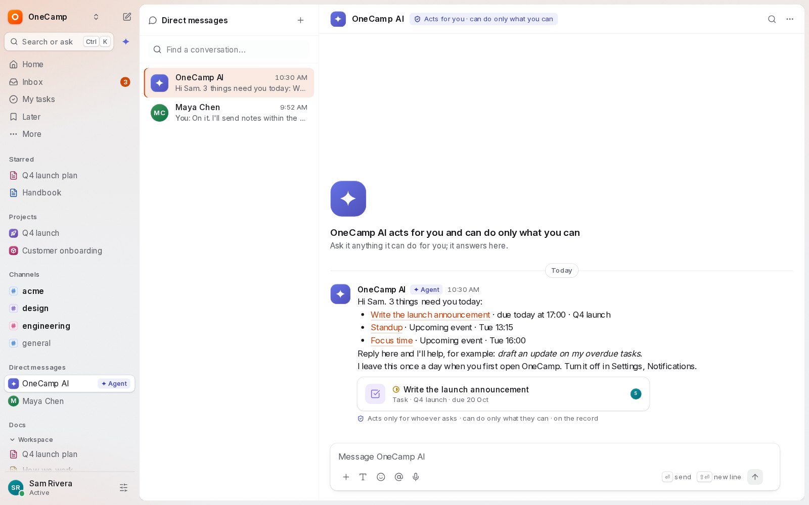 The OneCamp AI assistant summarising what the team discussed today, with its sources