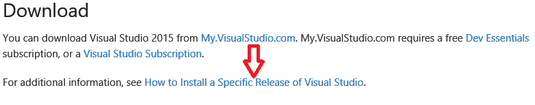 Download earlier release of Visual Studio