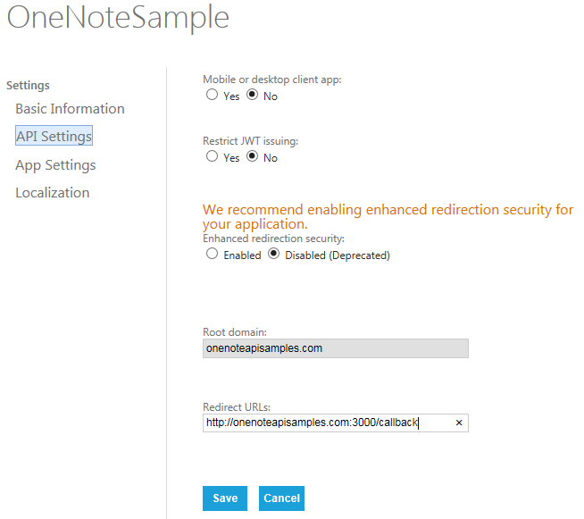 Setting API properties in the Microsoft application portal.