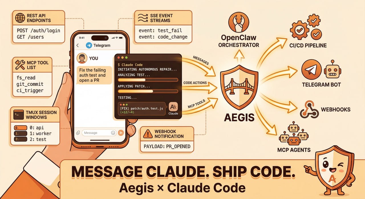 Message Claude. Ship Code. — Aegis x Claude Code