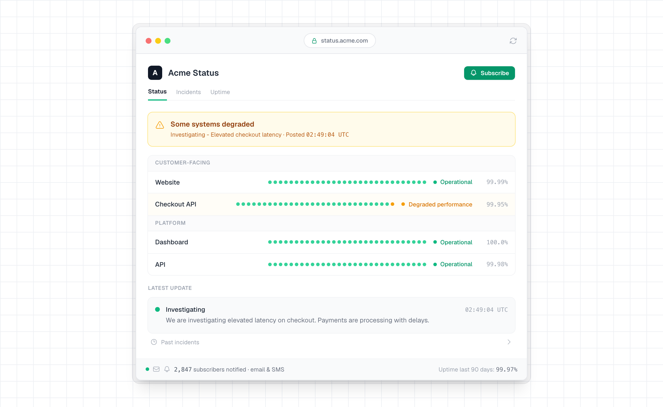 Communicate — the public status page updates and notifies subscribers