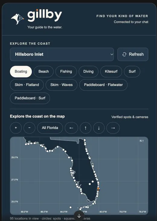 The Gillby coastal panel inside an AI assistant, showing spots across Florida on a map
