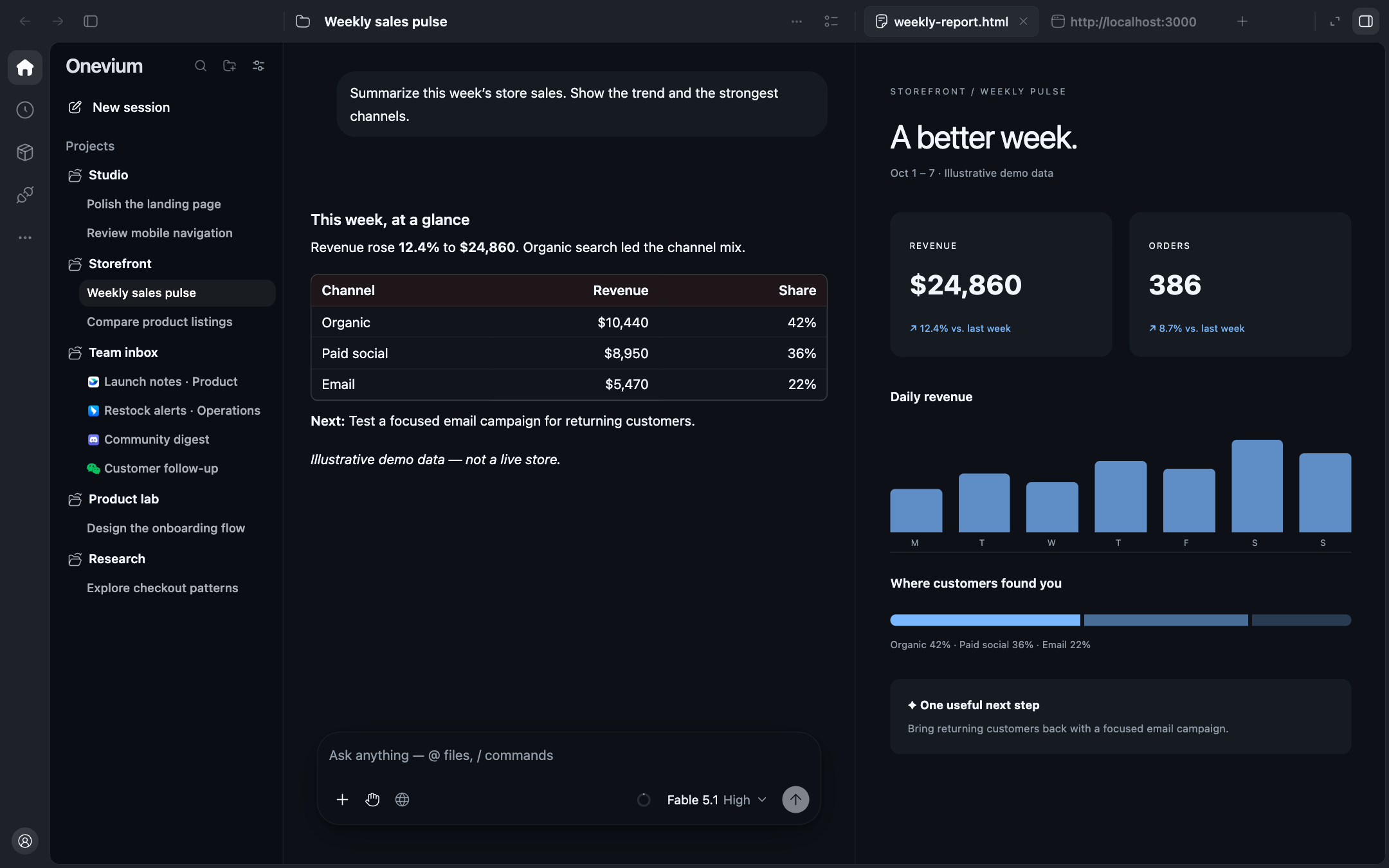 Onevium 1.3.0 reporting workspace with a synthetic store report, revenue trend, and channel comparison