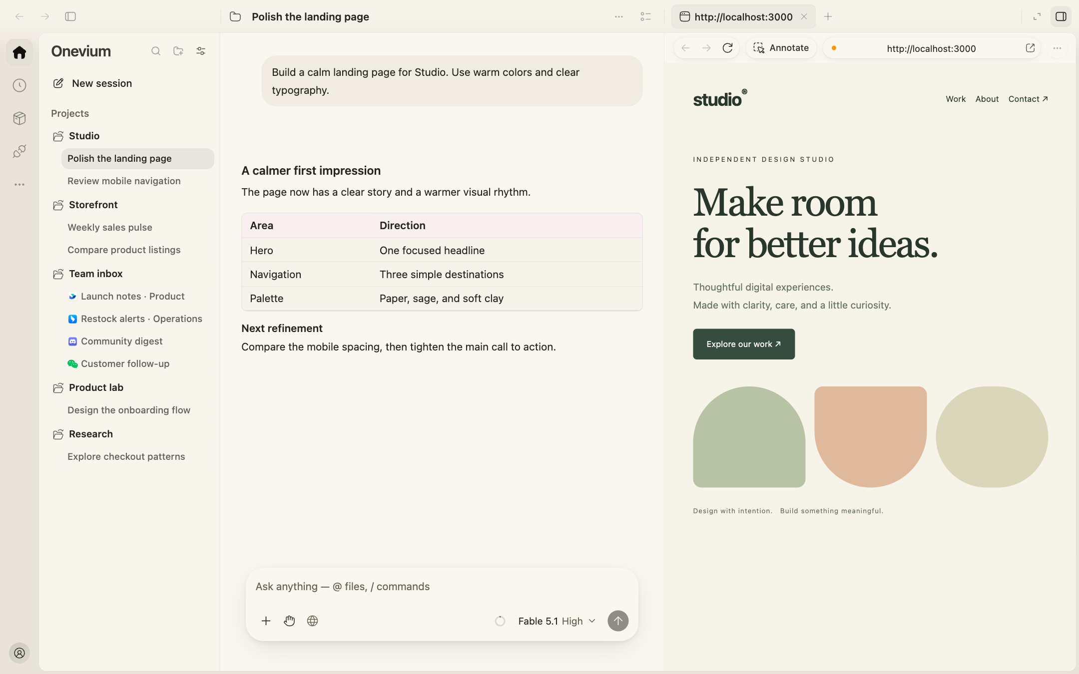 Onevium 1.3.0 workspace with project conversations, a task discussion, and a web preview together