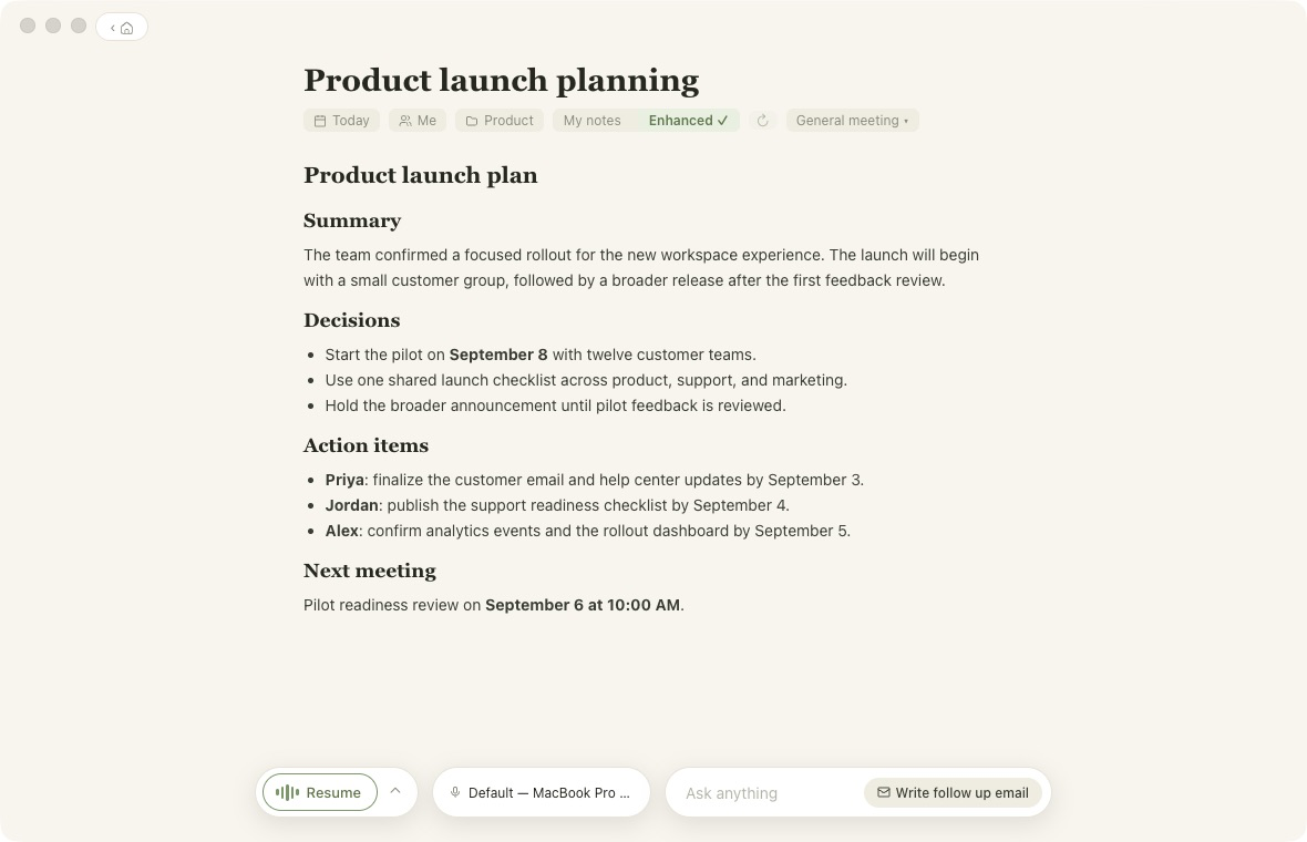 DoodleNote enhanced meeting notes with summary, decisions, and action items