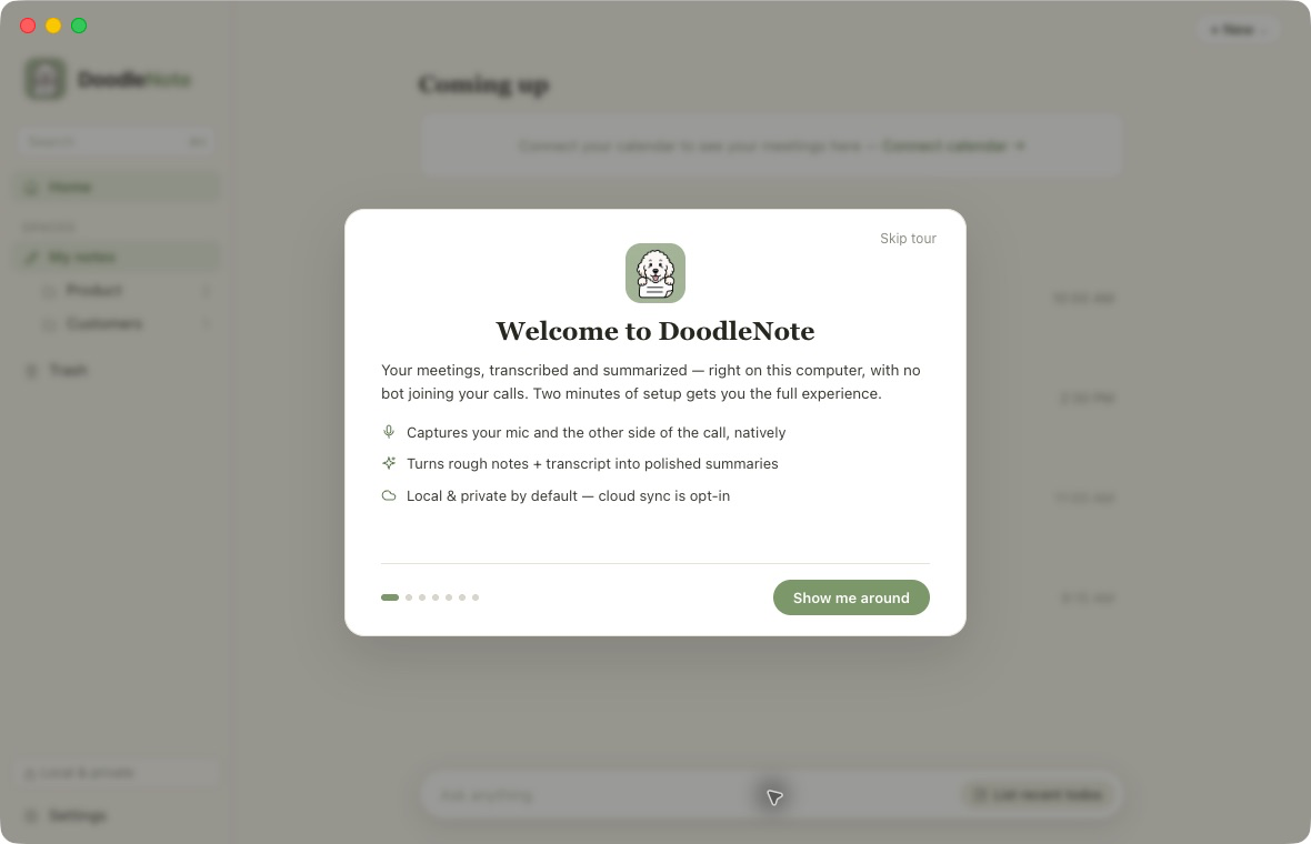 DoodleNote welcome screen explaining local capture, summaries, and optional sync