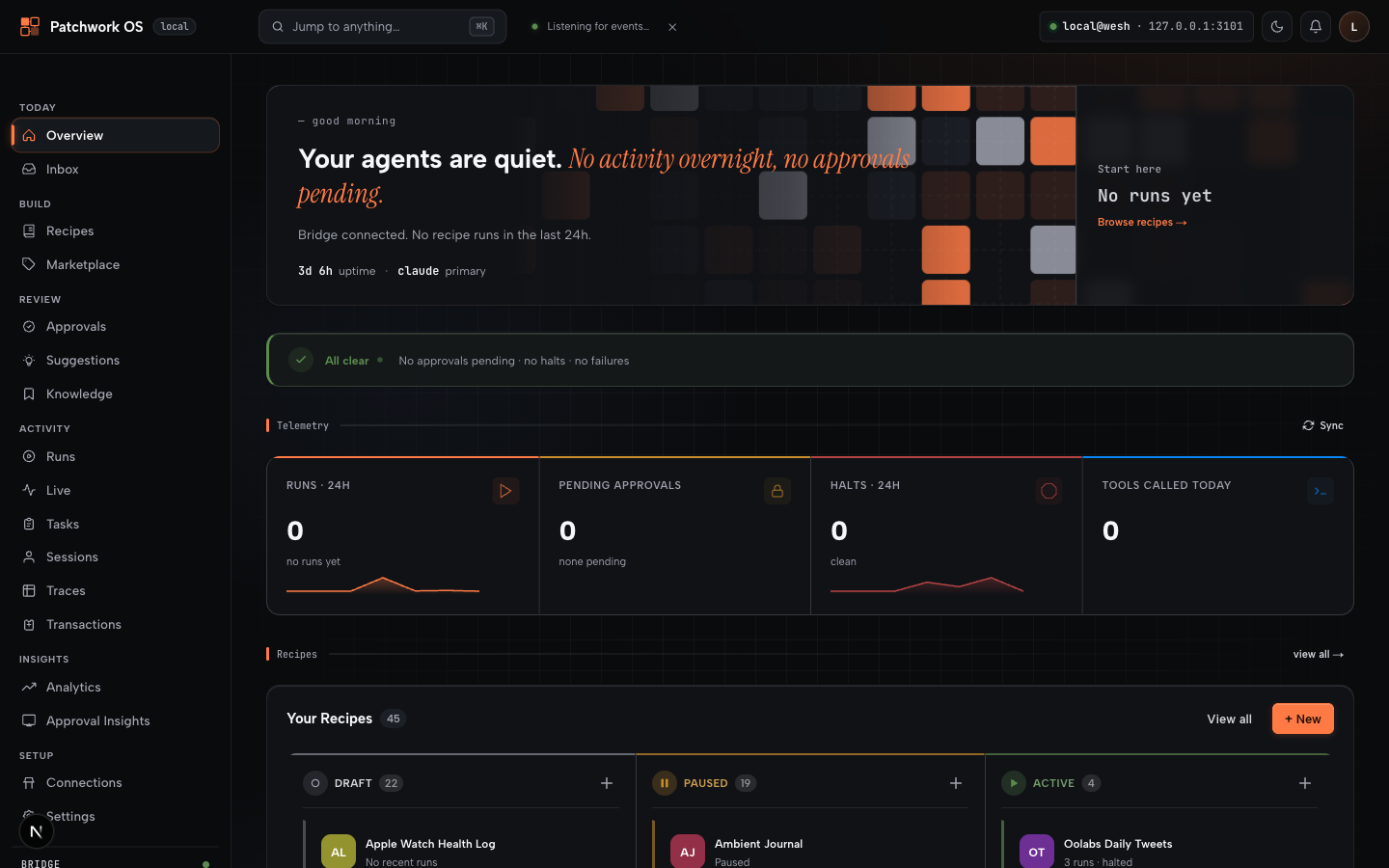 Patchwork OS dashboard — connected bridge, live telemetry, and a 45-recipe library