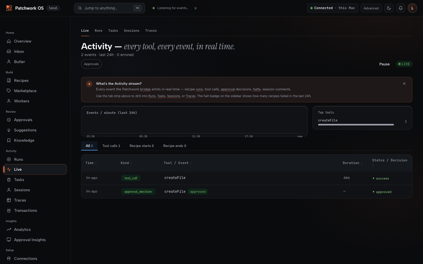 The activity stream showing two events — an approval_decision marked approved, and the createFile tool call that followed it, succeeding in 4ms