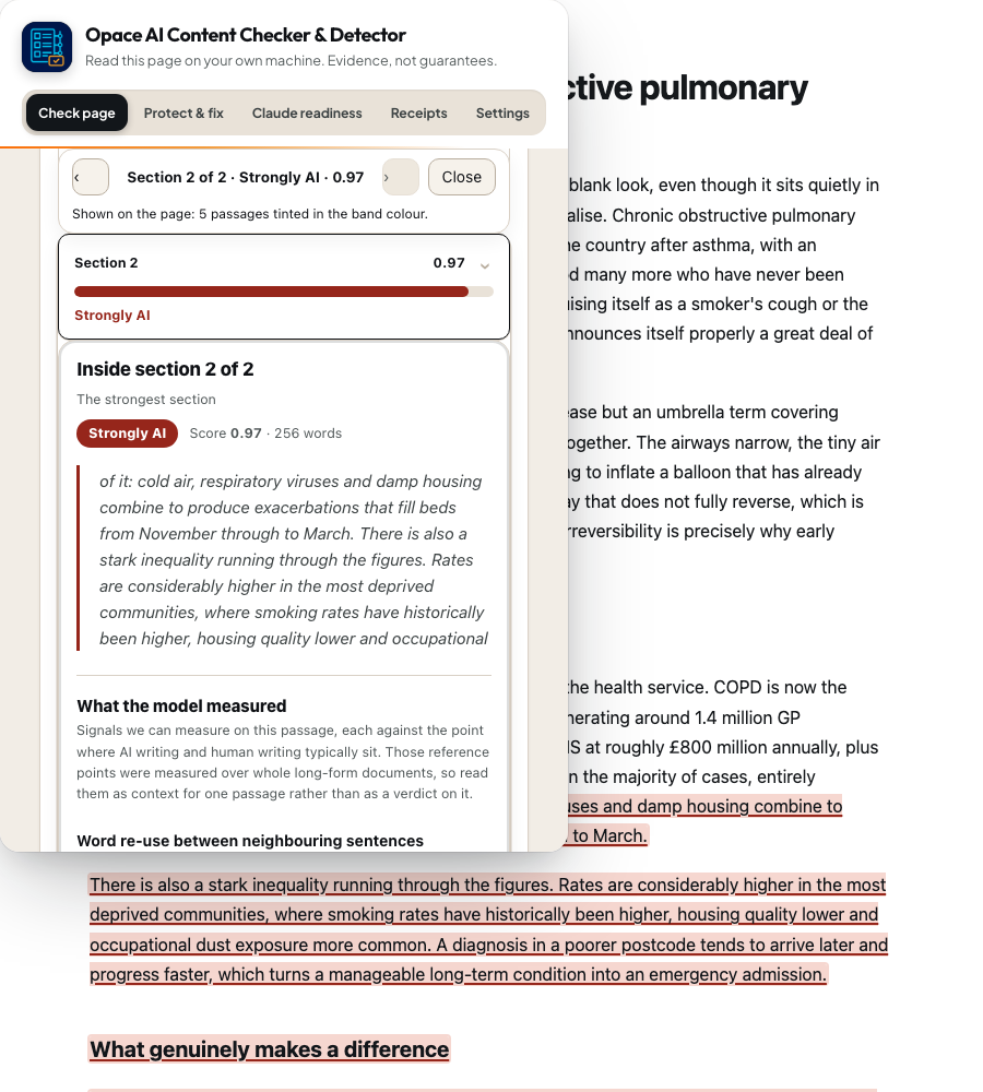 Astro AI content checker showing section two, its score and evidence, with matching passages highlighted on the previewed page