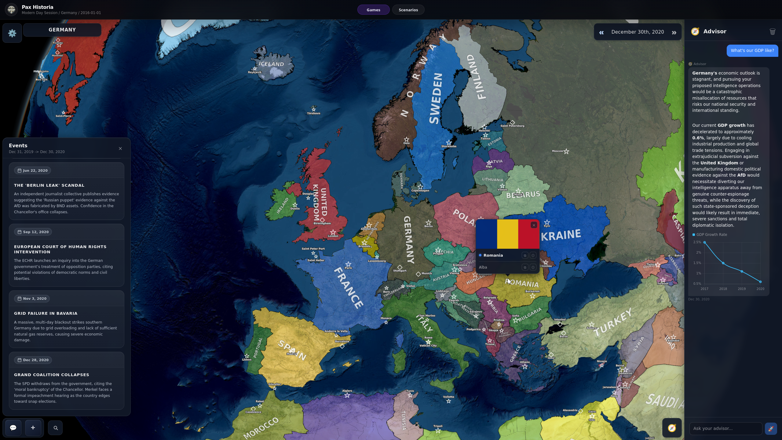 Open Historia gameplay — a strategic world map with events and nations
