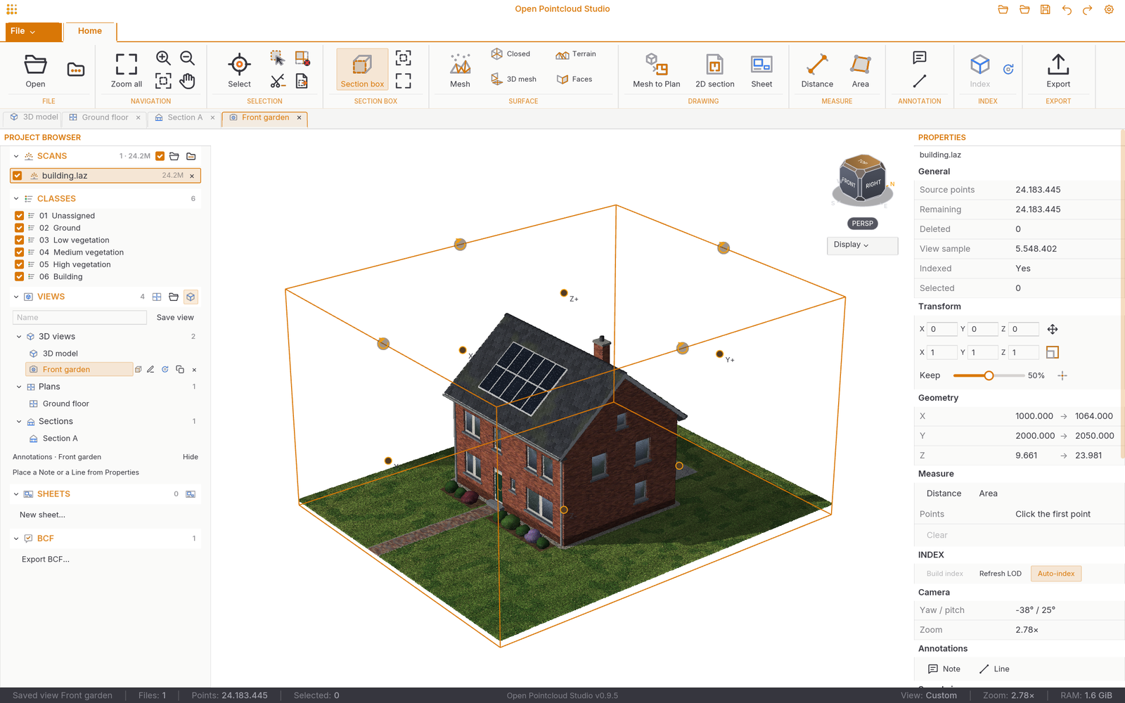 Start-ribbon, projectbrowser, 3D-weergave en eigenschappen