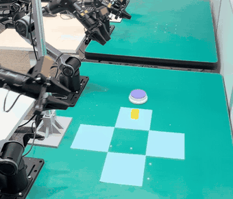 Real-robot Put Back Block, initial position Left: the block starts on the mat beside the button