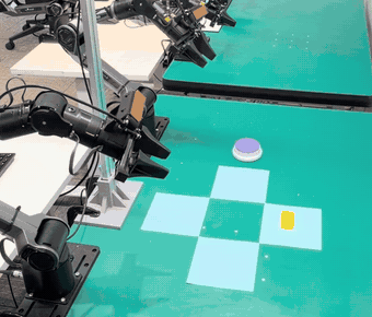 Real-robot Put Back Block, initial position Up: the block starts on the mat farthest from the arm bases