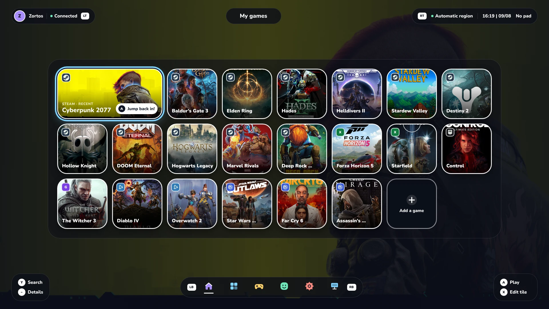 Paper design preview of console Home, showing a controller-focused game grid, navigation dock, and button prompts.