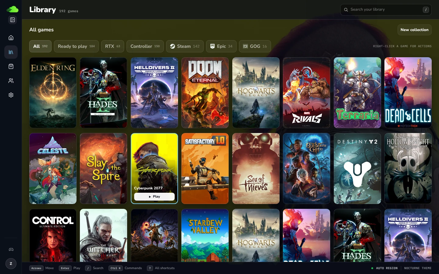Paper design preview of the current desktop Library, showing the compact sidebar, collection controls, store filters, and larger game covers.