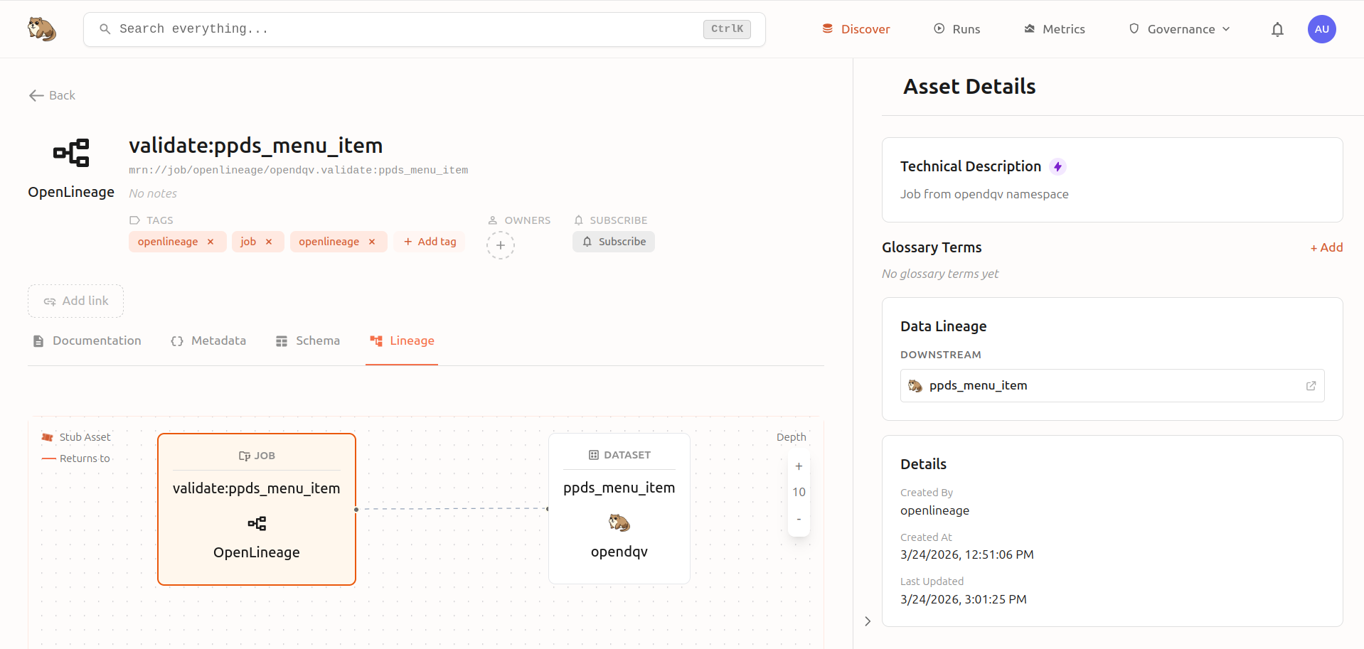 Marmot lineage diagram — validate:ppds_menu_item job node linked to ppds_menu_item dataset with quality metrics