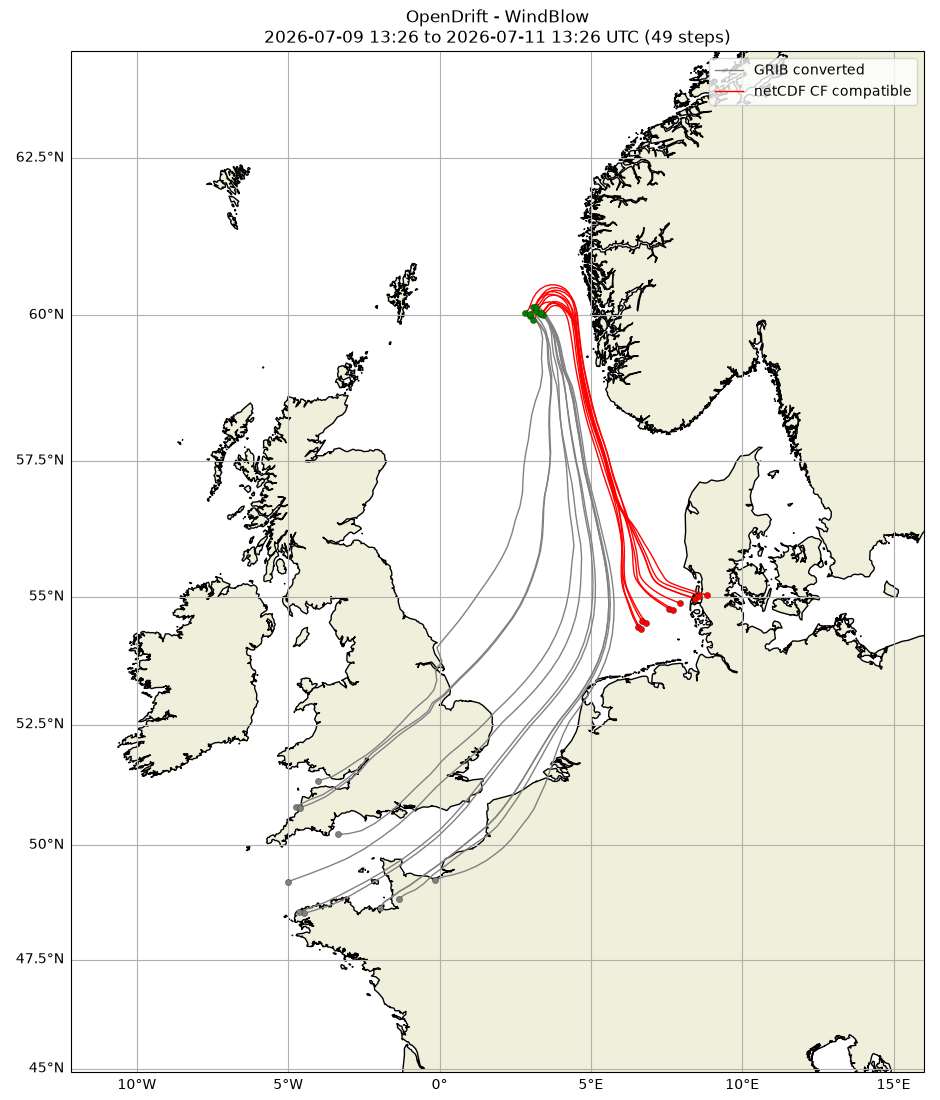 OpenDrift - WindBlow 2026-07-09 13:26 to 2026-07-11 13:26 UTC (49 steps)
