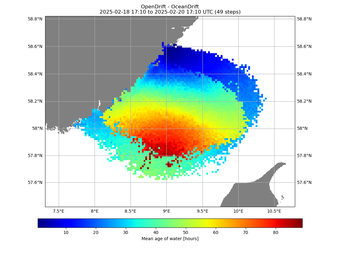 OpenDrift - OceanDrift 2024-06-20 14:46 to 2024-06-22 14:46 UTC (49 steps)