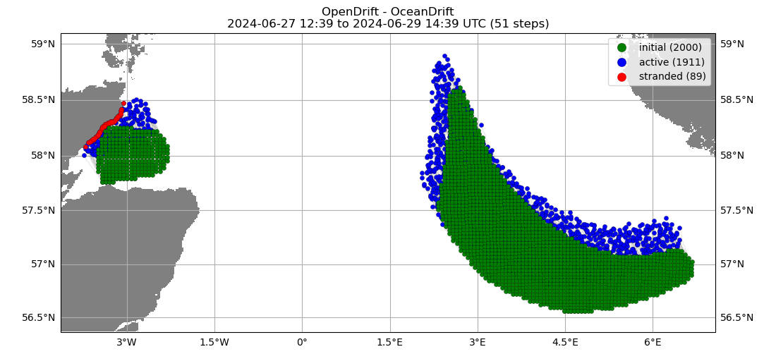 OpenDrift - OceanDrift 2024-06-04 14:21 to 2024-06-06 16:21 UTC (51 steps)