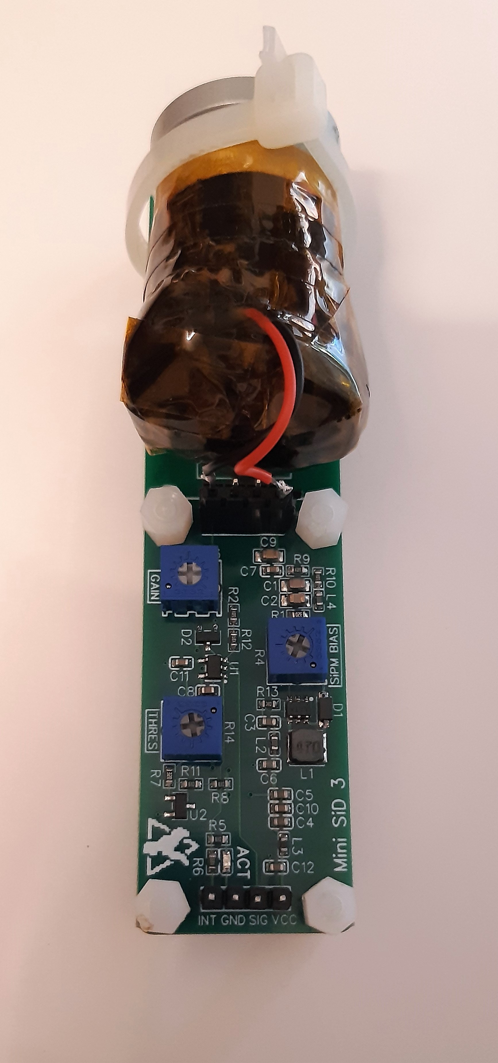 Photo of the detector board with mounted SiPM and crystal (Rev 3)