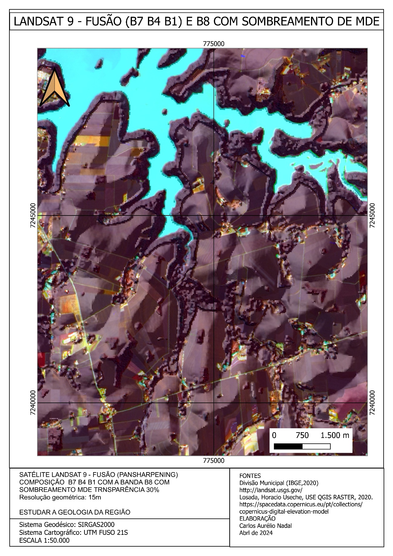 Sombreamento sobre composição multiespectral do Lantsat 9