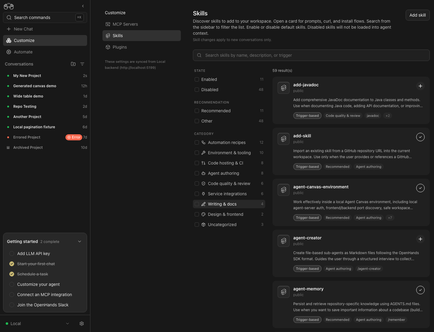 Skills page, 11 of 59 enabled by default